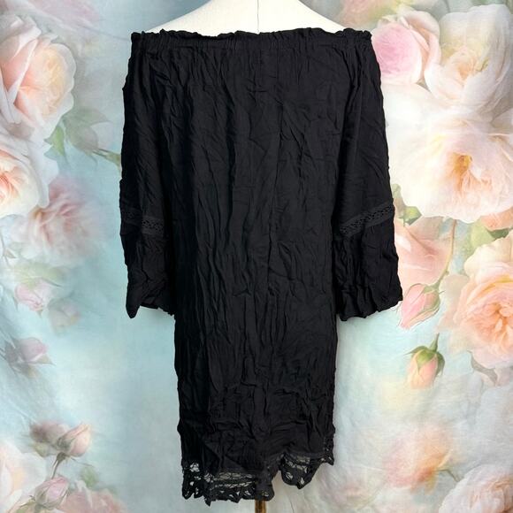 Flying Tomato Black Off Shoulder Peasant Style 3/4 Bell Sleeve Shift Dress - Picture 2 of 4